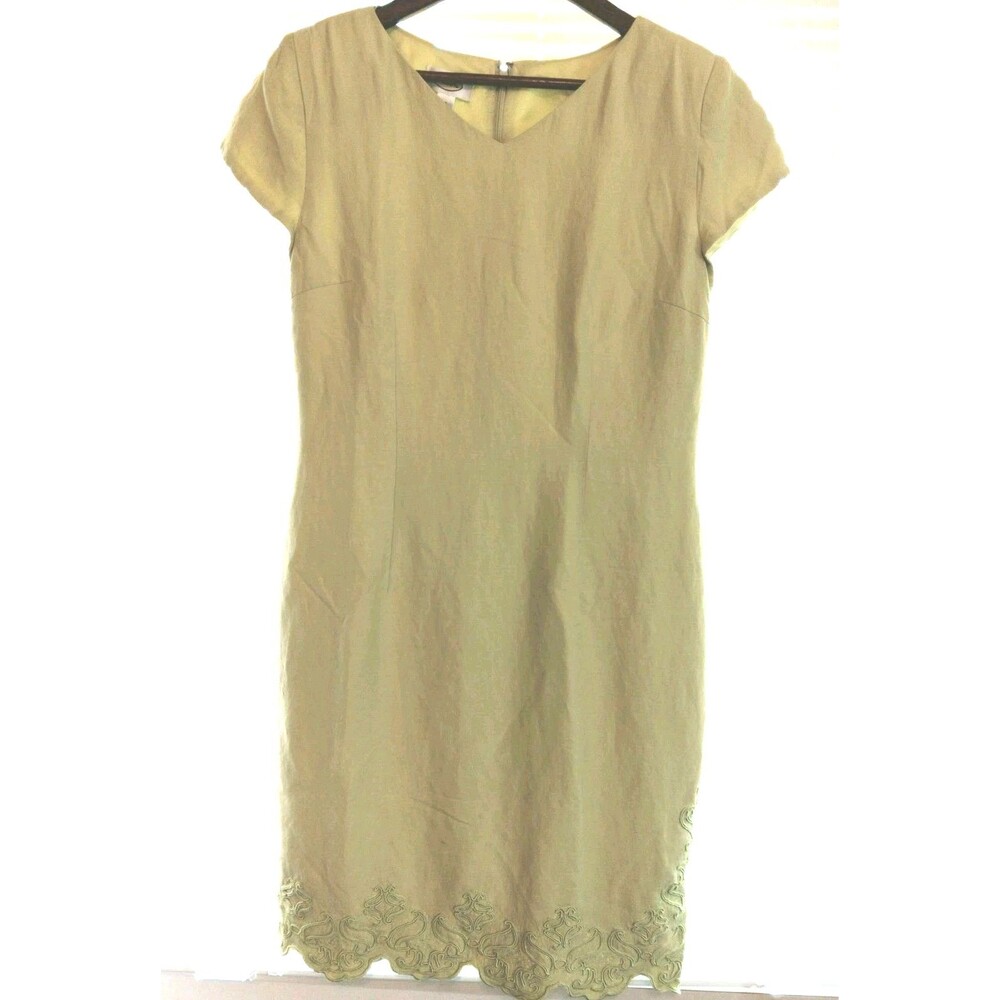 Vtg Talbots Silk Linen Blend Lt Green Sheath Dress Embroidered Hem Lined Sz 12